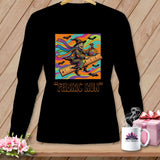 Black long-sleeve shirt with a graphic of a witch riding a ruler, text 