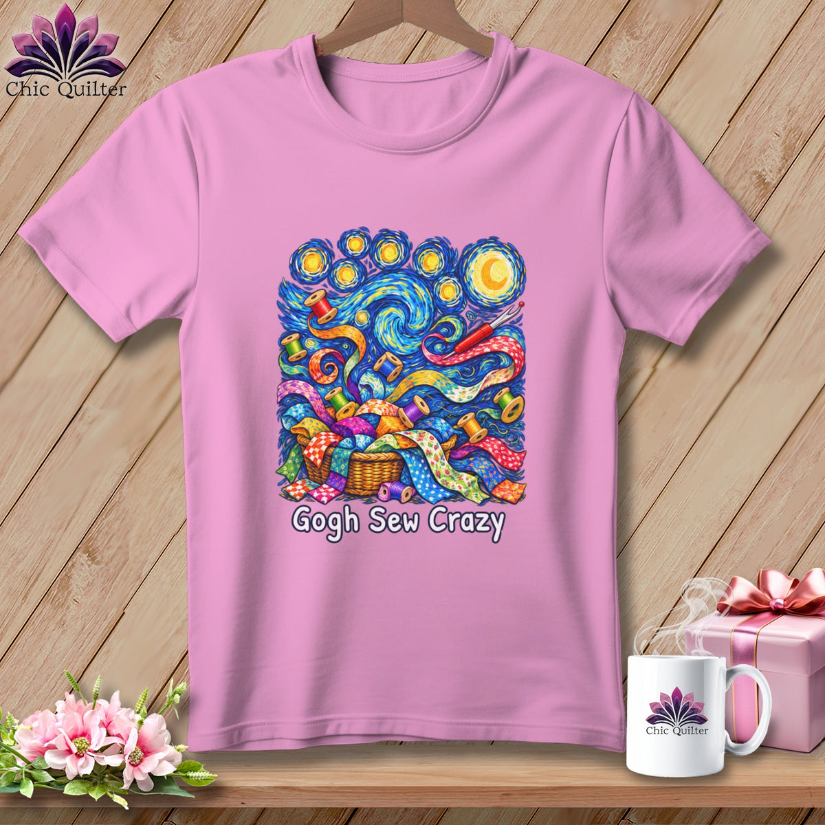 Pink t-shirt with "Gogh Sew Crazy" graphic featuring a Van Gogh-style night sky and sewing supplies.