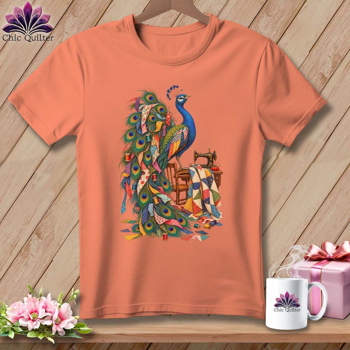 Peacock with sewing machine and quilt on a peach t-shirt.