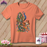 Peacock with sewing machine and quilt on a peach t-shirt.