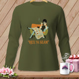 Green long-sleeve shirt with graphic of woman and cat, saying 