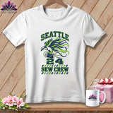 White t-shirt featuring a Seattle Sew Crew graphic with an eagle holding a spool and needle.