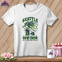 White t-shirt featuring a Seattle Sew Crew graphic with an eagle holding a spool and needle.