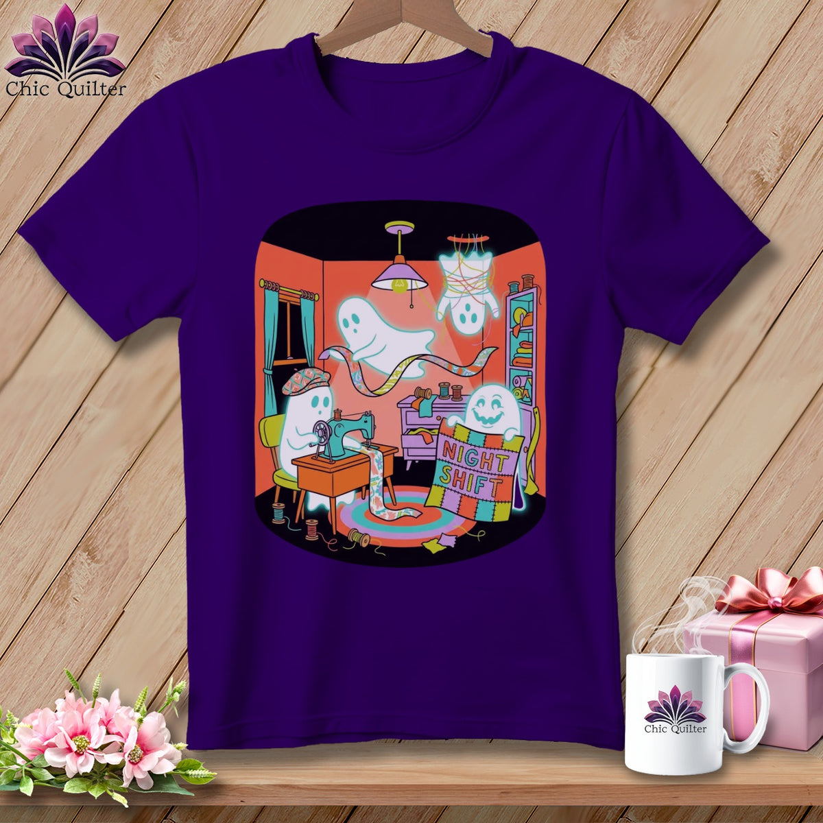 Purple t-shirt with cartoon ghosts sewing and a "Night Shift" quilt.