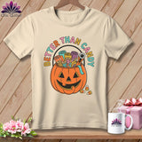 Cream t-shirt with jack-o-lantern filled with sewing supplies and text 