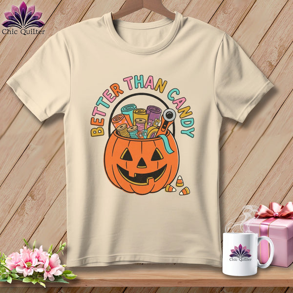 Cream t-shirt with jack-o-lantern filled with sewing supplies and text "Better Than Candy."