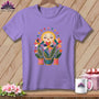 A purple t-shirt featuring a graphic of a smiling sun and colorful fabric flowers in spools.