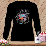 Black long-sleeve shirt with a graphic of a spider sewing, labeled 
