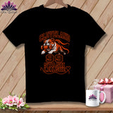 Black t-shirt featuring an orange graphic of a bulldog holding a spool with the text Cleveland 99 Stash League.