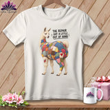 White t-shirt with a llama graphic and the text 