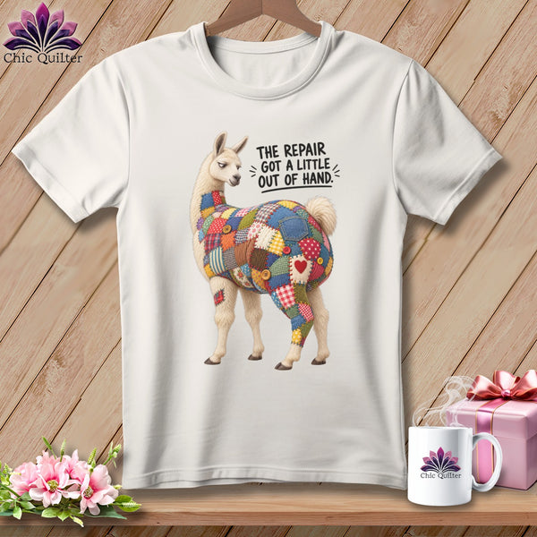 White t-shirt with a llama graphic and the text "THE REPAIR GOT A LITTLE OUT OF HAND."