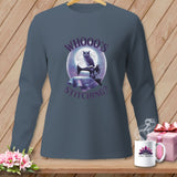 Long sleeve shirt with owl on sewing machine graphic and text 