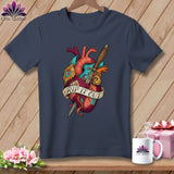 T-shirt with anatomical heart graphic, dagger, and banner reading 