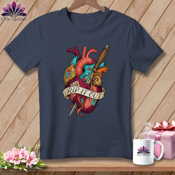 T-shirt with anatomical heart graphic, dagger, and banner reading "RIP IT OUT".