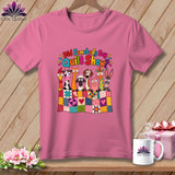 A pink t-shirt featuring cartoon farm animals behind a colorful patchwork quilt with the text Did Somebody Say Quilt Show.