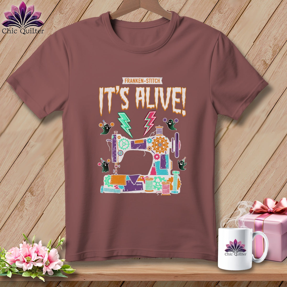 Sewing machine graphic with "IT'S ALIVE!" text and Halloween ghosts.