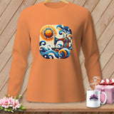 Orange long-sleeve shirt with a colorful sewing machine, sun, and wave graphic.
