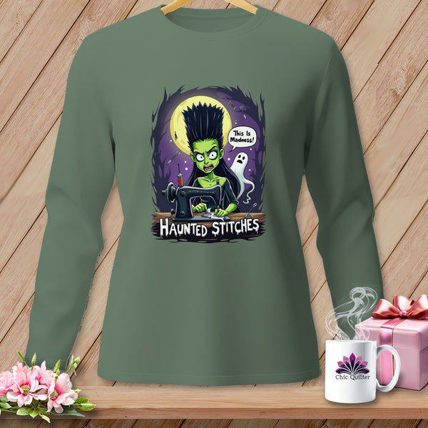 Green long-sleeve shirt with a cartoon Halloween design featuring a mad sewer and the text "Haunted Stitches".