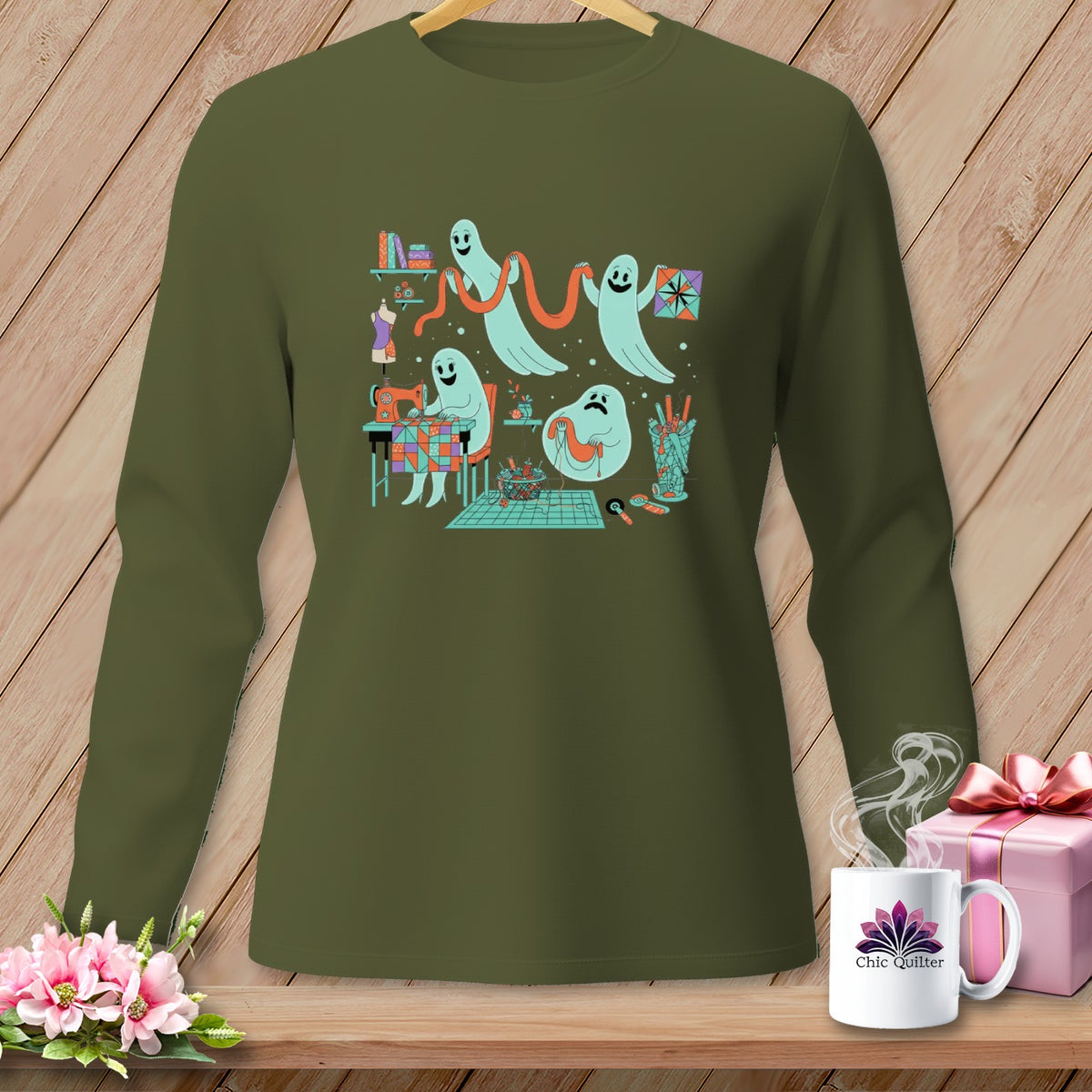 Green long-sleeve shirt with cartoon ghosts sewing and quilting.