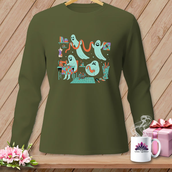 Green long-sleeve shirt with cartoon ghosts sewing and quilting.