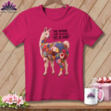 Llama with quilted patches on t-shirt, text 