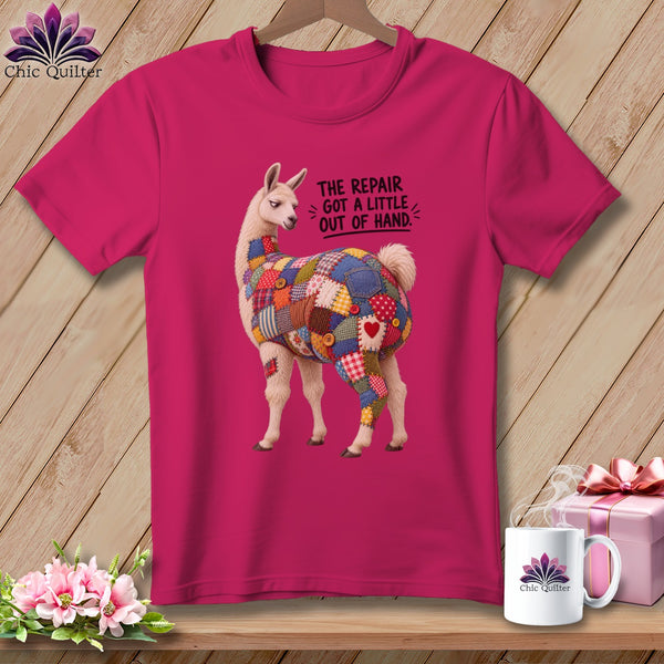 Llama with quilted patches on t-shirt, text "The repair got a little out of hand."