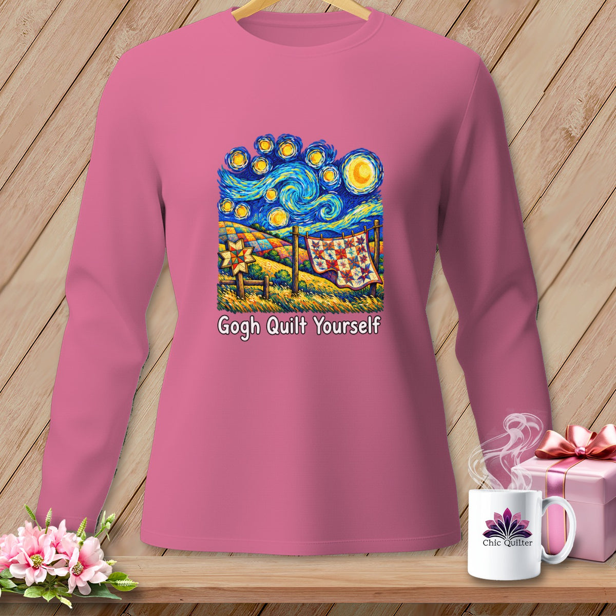 Pink long-sleeve shirt with a "Gogh Quilt Yourself" graphic and a mug with "Chic Quilter" logo.