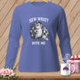 Blue long-sleeve shirt featuring a hedgehog graphic with the text SEW WHAT? BITE ME.