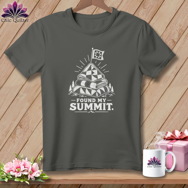 Dark grey t-shirt with stacked quilts and "Found My Summit" text.