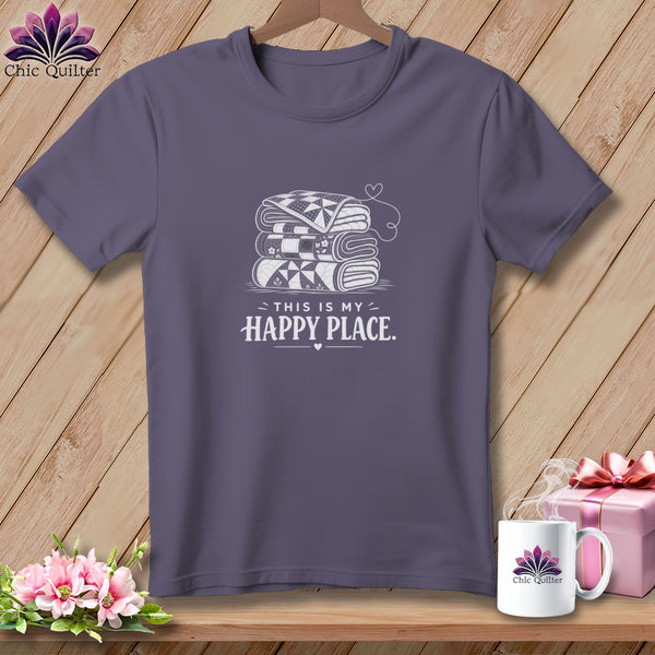T-shirt with stacked quilts graphic and "This is My Happy Place" text.