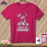 Pink t-shirt with cartoon quilt squares and 