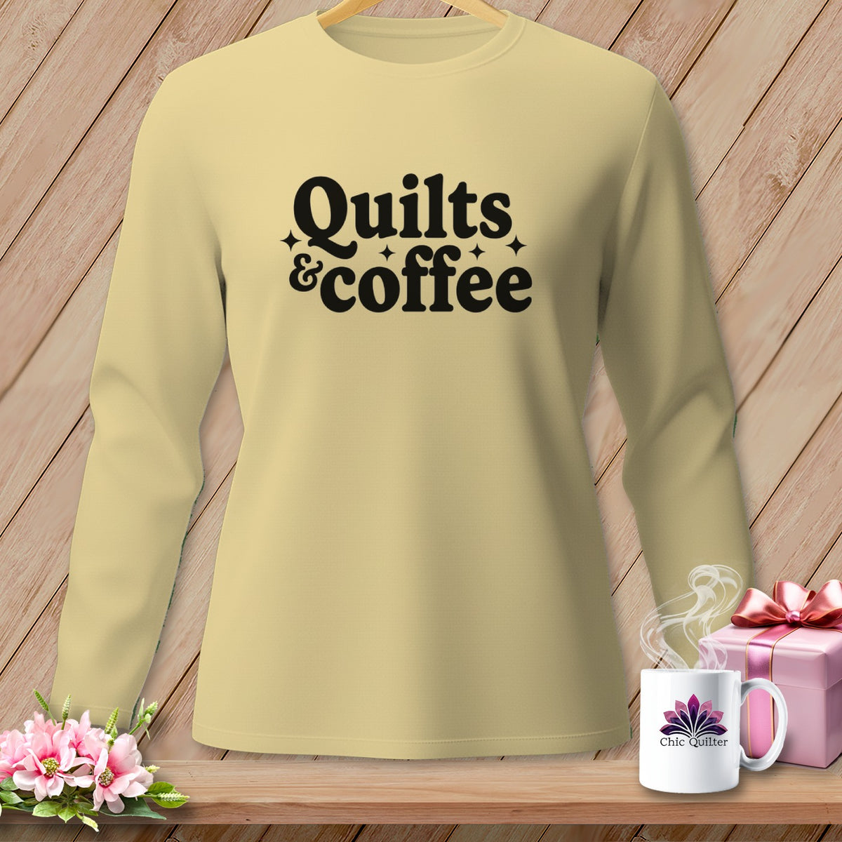 Light yellow long-sleeve shirt with black text "Quilts & coffee".
