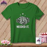 Green t-shirt with a stacked fabric design and the text 