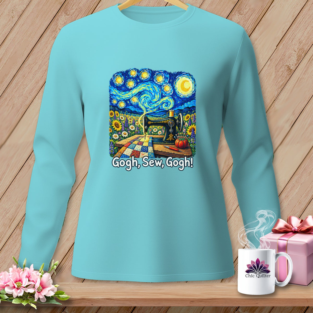 Teal long-sleeve shirt with a Starry Night-inspired graphic of a sewing machine.