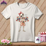 Skeleton wearing apron and bandana holding quilt squares, text says 