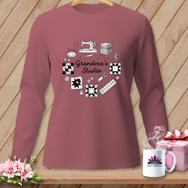 Long sleeve shirt with sewing motifs and "Grandma's Studio" text.