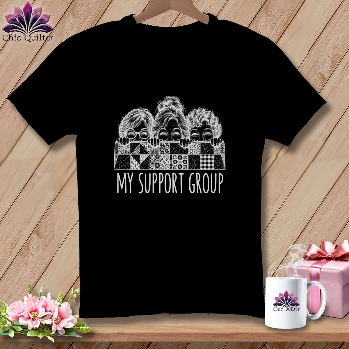 Black t-shirt with "My Support Group" text and vintage faces peeking over a quilt.
