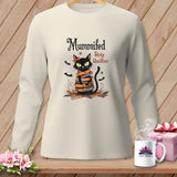 Long-sleeve shirt with a black cat wrapped in strips and text 