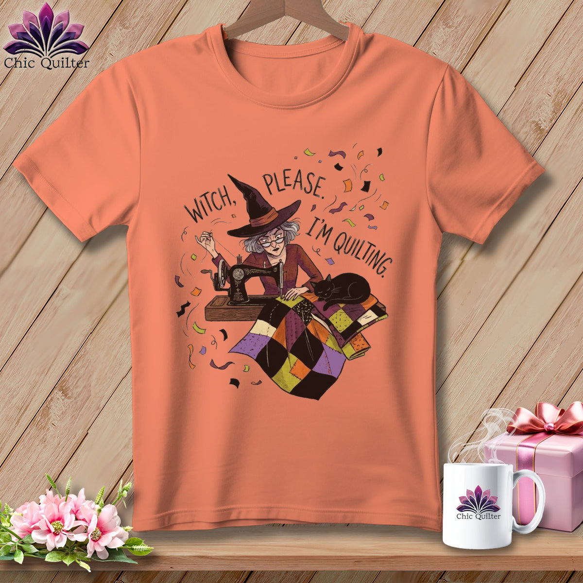 Peach t-shirt with witch, cat, and sewing machine graphic reading "Witch, Please. I'm Quilting."