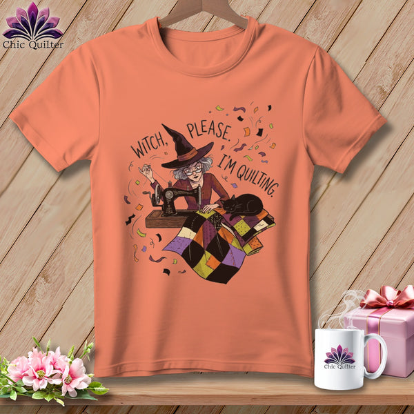 Peach t-shirt with witch, cat, and sewing machine graphic reading "Witch, Please. I'm Quilting."
