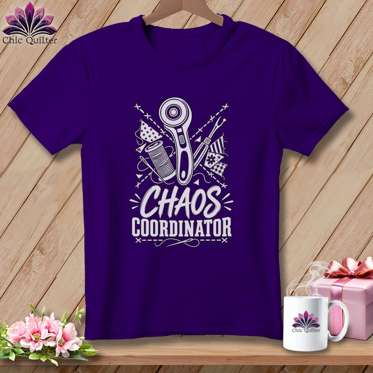 Purple t-shirt with "Chaos Coordinator" text and sewing graphics.