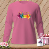 Pink long-sleeve shirt with watercolor sewing notions and fabric squares design.