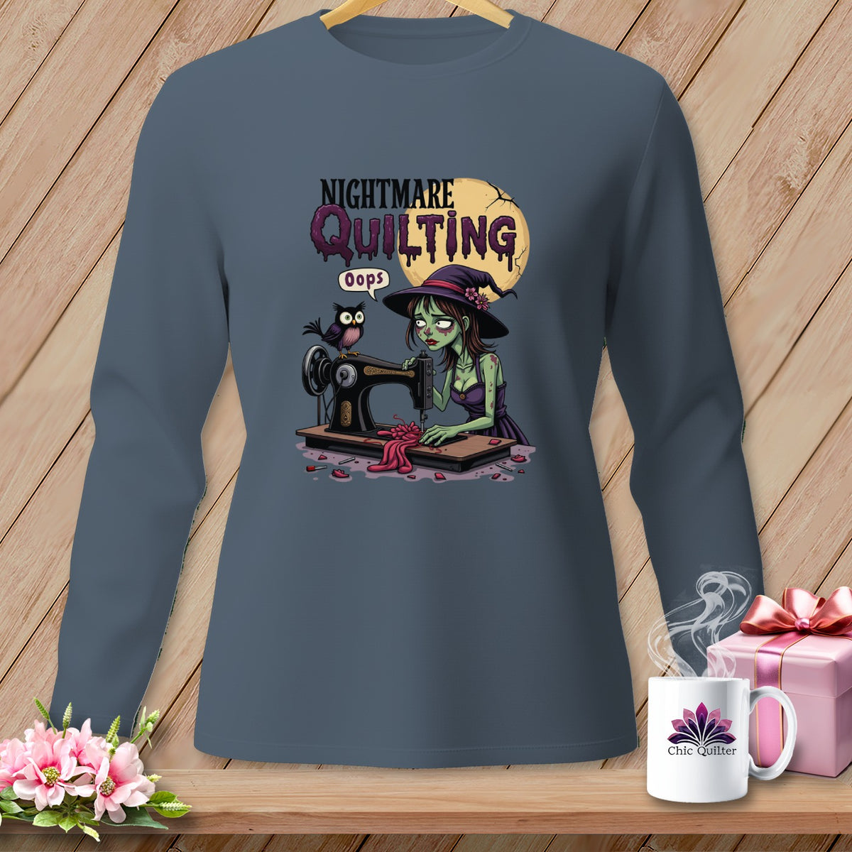 Zombie witch sewing with owl on "Nightmare Quilting" shirt.