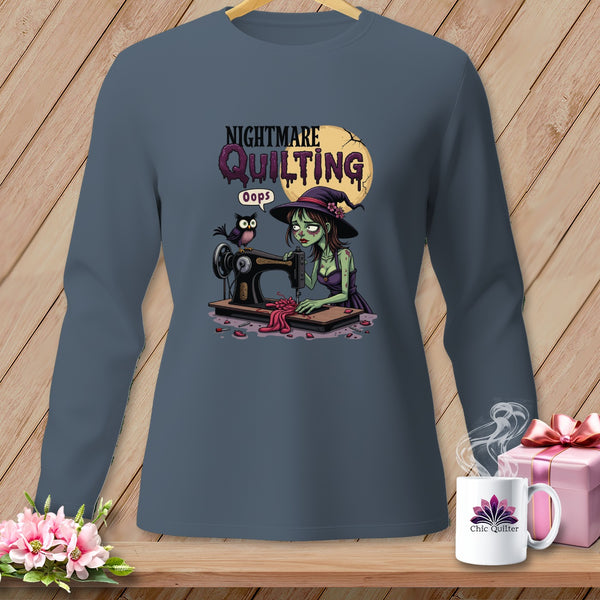 Zombie witch sewing with owl on "Nightmare Quilting" shirt.