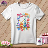 White t-shirt featuring a colorful graphic of four whimsical birds and the text Birds of a Fabric Flock Together.