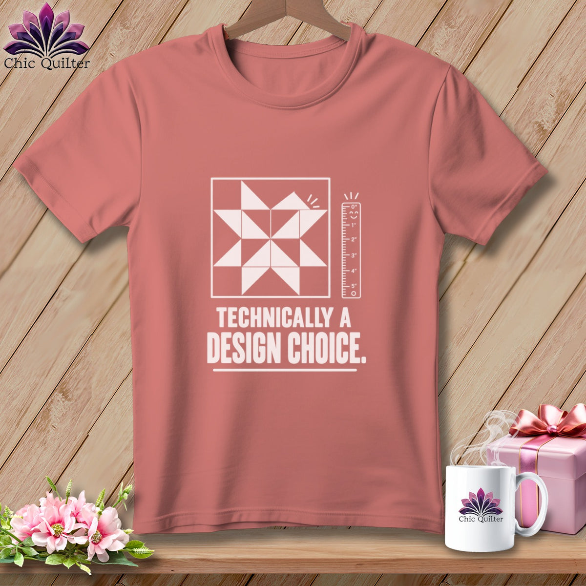 Coral t-shirt with "Technically a Design Choice" text and a quilt block graphic.