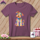 Plum-colored crewneck t-shirt featuring a colorful, painted terrier dog design with a spool tag.