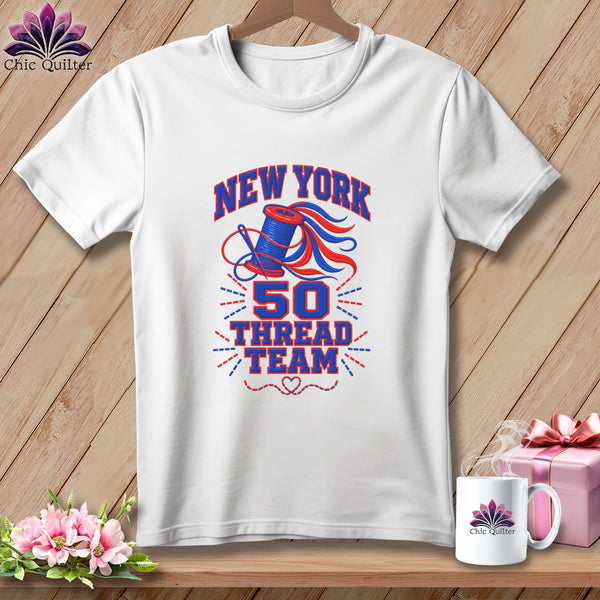 A white t-shirt features a blue and red graphic with the text New York 50 Thread Team.