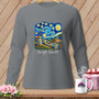 Grey long-sleeved shirt with a "Gogh Quilt" design featuring a spool of thread and a patchwork landscape under a starry sky.