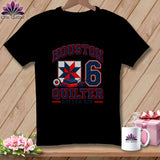 A black t-shirt featuring the text Houston Quilter Stitch Six, a quilt block, and the number six.